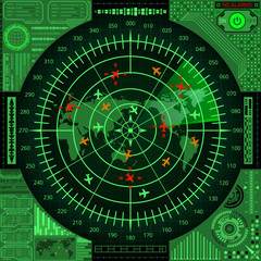 Radar screen with world map and targets. Futuristic HUD navigation monitor