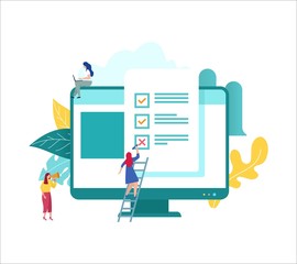 online form survey vector illustration concept , people fill online form survey, showing quiz exam on monitor with paper sheet, can be use for landing page, web ui, banner, poster, template, flyer