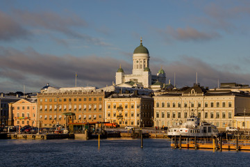 The skyline of the capital Helsinki on a sunny day, Finland. View from the ocean on the Finnish...