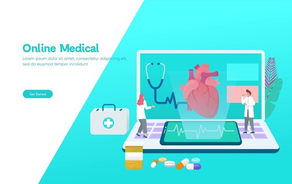 Online medical check up vector illustration concept, docktor diagnostic patient heart, can use for, landing page, template, ui, web, mobile app, poster, banner, flyer