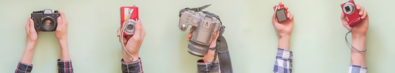 multiple hands hold various cameras isolated creative f