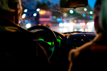 night time city taxi driver drive car  f - obrazy, fototapety, plakaty