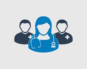 Medical Team Icon. Male and female doctor symbols on gray background.