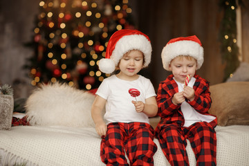 Two Little cute children in Santa Claus hat and red pajamas is sitting in the room on the background of the Christmas tree and eating sweet candies on a stick