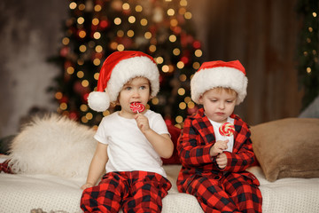 Two Little cute children in Santa Claus hat and red pajamas is sitting in the room on the background of the Christmas tree and eating sweet candies on a stick