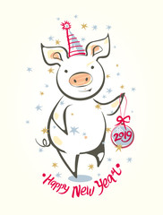 Card with funny dancing pig and Christmas ball. Happy New Year! Colorful vector illustration in sketch style. New 2019 Chinese year of the pig. Festive cartoon pig.
