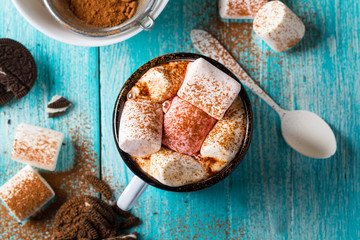 cocoa marshmallows chocolate sweet dessert mug cup vintage background wooden
