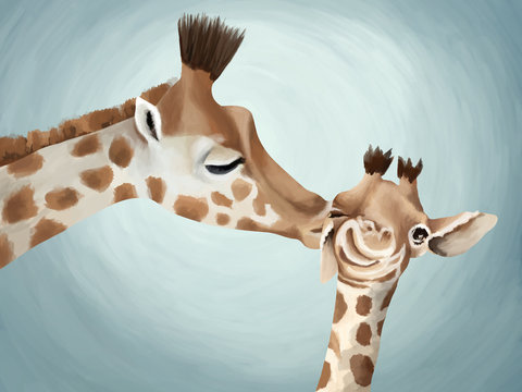 Tender mother's kiss for little giraffe. Cute illustration about big love