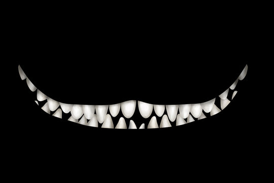 Mad wide smile with many teeth on black background. Deco element, card-, flyer- base, clip art