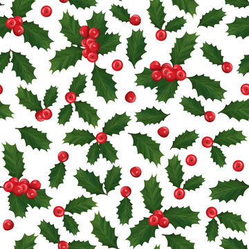 Bright holly christmas seamless pattern berries and leaves on white background