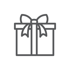 Wrapped closed gift box decorated with ribbon and bow pixel perfect icon with editable stroke.