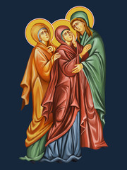 Madonna. Holy God's mother and two saints. Illustration - fresco in Byzantine style 