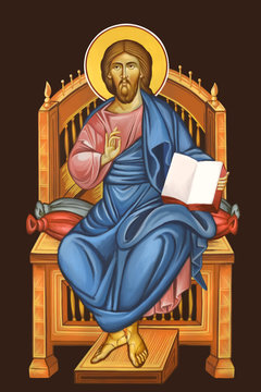 Jesus King Sitting On The Throne. Illustration - Fresco In Byzantine Style