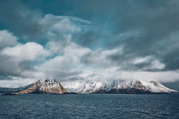 Norwegian fjord and mountains in winter. Lofoten islands, Norway