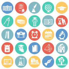 Education and stydying set on color circles background icons