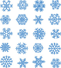 Vector drawings of different stylized snowflakes