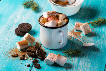 cocoa marshmallows chocolate sweet dessert mug cup vintage background wooden
