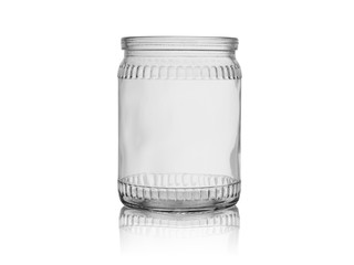 empty glass jar for canned food with reflection on a white background