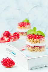 Pomegranate parfait - sweet organic layered dessert with granola flakes, yogurt and ripe fruit seeds.