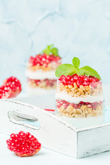 Pomegranate parfait - sweet organic layered dessert with granola flakes, yogurt and ripe fruit seeds.
