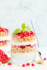 Pomegranate parfait - sweet organic layered dessert with granola flakes, yogurt and ripe fruit seeds.
