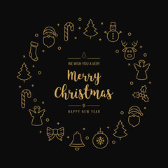 christmas greeting wreath icons elements circle golden black background