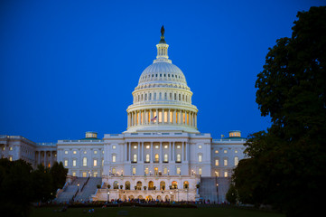 Scenic evening view of the Capitol Building in the glowing dusk light of a summer evening in Washington DC, USA