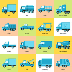 Fototapeta na wymiar Collection of truck icons in flat style