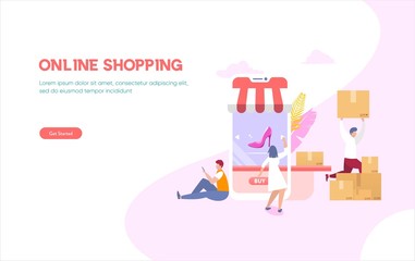 online shopping vector illustration concept, group of people shopping using smartphone and laptop can use for, landing page, template, ui, web, mobile app, poster, banner, flyer