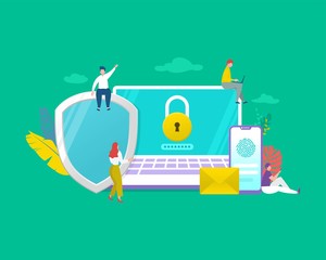 data protection system character concept, people protect their data on device vector illustration, can be use for, landing page, template, ui, web, mobile app, poster, banner, flyer