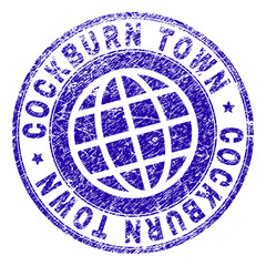 COCKBURN TOWN stamp imprint with distress texture. Blue vector rubber seal imprint of COCKBURN TOWN tag with grunge texture. Seal has words placed by circle and planet symbol.