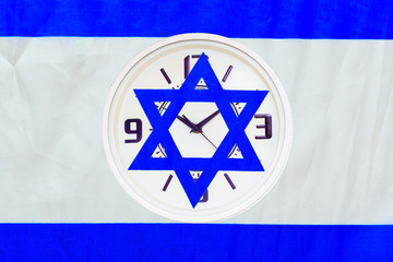 Time to decide making decisions isolated clock with Israeli flag. Israel Daylight Saving Time Started Or Ended. Elections Israel.Time to Vote Democracy Election Clock.