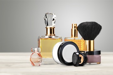 Aromatic Perfume bottles on background