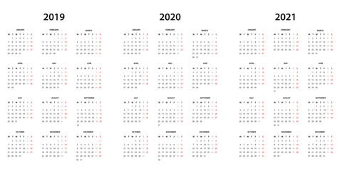  Calendar  2019, 2020 and 2021 - simple template