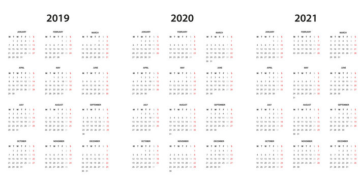  Calendar  2019, 2020 and 2021 - simple template