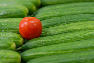 Vegetables on the counter in the store. Tomatoes and cucumbers
