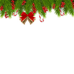 Fototapeta na wymiar christmas background with tree and bells with red bow, isolated on white background