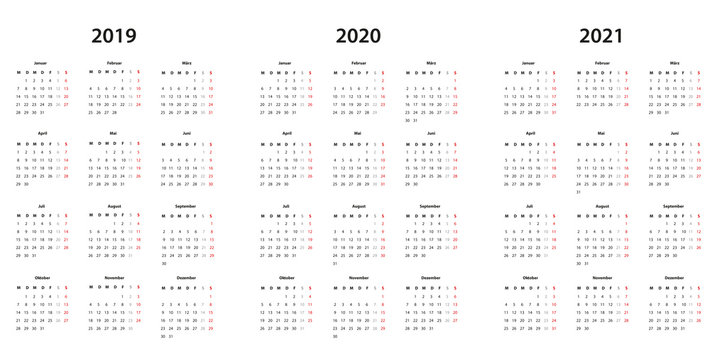 Kalender 2019 , 2020, 2021 Kalender einfache Vorlage, deutsch