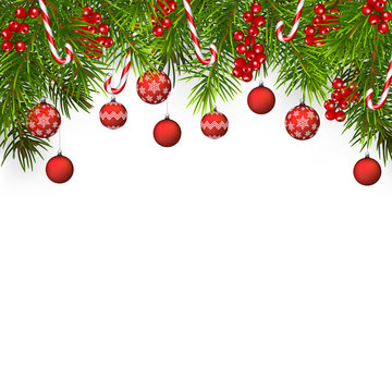 christmas tree background with fir branches and balls, isolated on white background