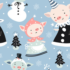 Seamless childish pattern with pigs in carnival costumes and christmas tree. Scandinavian patch for kids fabric, wrapping, textile, wallpaper, apparel.