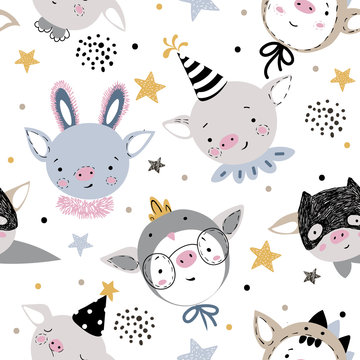 Seamless childish pattern with pigs in carnival costumes . Christmas scandinavian patch for kids fabric, wrapping, textile, wallpaper, apparel on white background.