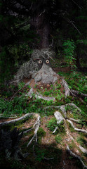 Old cedar at night forest with twisted roots, wart, knots and moss looks like as wood goblin...