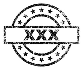 XXX stamp seal watermark with distress style. Designed with rectangle, circles and stars. Black vector rubber print of XXX text with grunge texture.