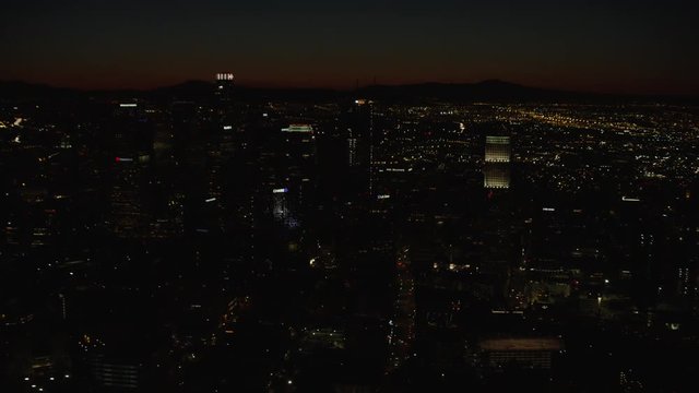 Aerial night view of skyscrapers in downtown Los Angeles USA