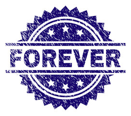 FOREVER stamp seal watermark with distress style. Blue vector rubber print of FOREVER tag with dirty texture.