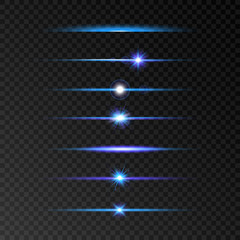 Lens flare set. Blue and violet glowing line set on transparent background. Shine beams. Flash with rays and spotlight. Glowing lights, stars and sparkles. Glittering sun beams. Vector illustration