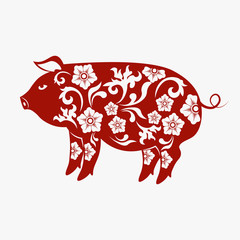 Chinese Zodiac Sign Year of Pig,Red paper cut pig,Happy Chinese New Year 2019 year of the pig.