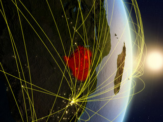 Zimbabwe in sunrise on planet planet Earth with network. Concept of connectivity, travel and communication.