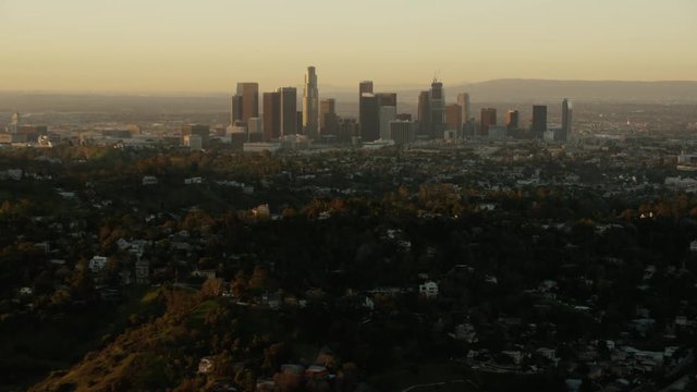 Aerial view at sunrise of Los Angeles cityscape California USA