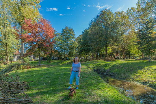 beautiful image of a woman with casual clothes walking with her dachshund on a beautiful autumn day in Voerendaal South Limburg in the Netherlands Holland